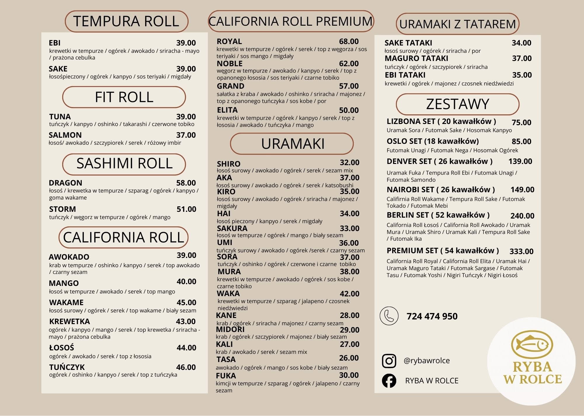 Menu Ryba w Rolce, część 2: tempura roll, fit roll, sashimi roll, california roll, uramaki, zestawy